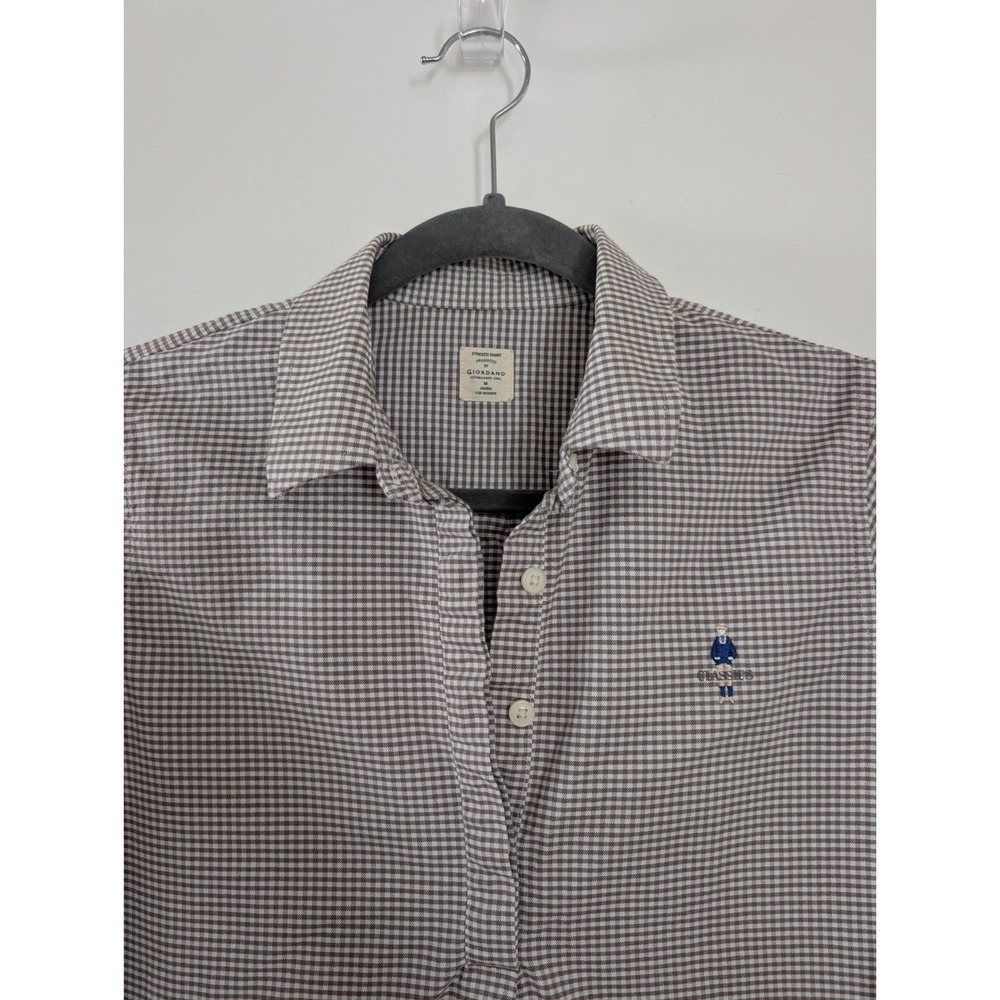 Giordano Womens Brown Gingham Check Popover Tunic Shirt Button M Preppy Minimal